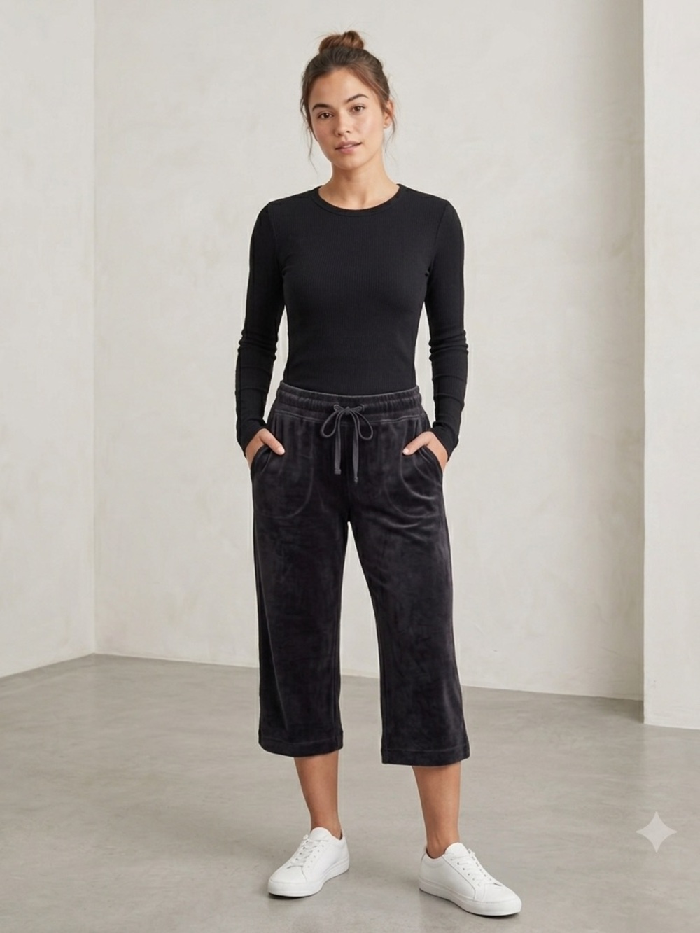 Ali Miles Black Velvet Cropped Drawstring Capris